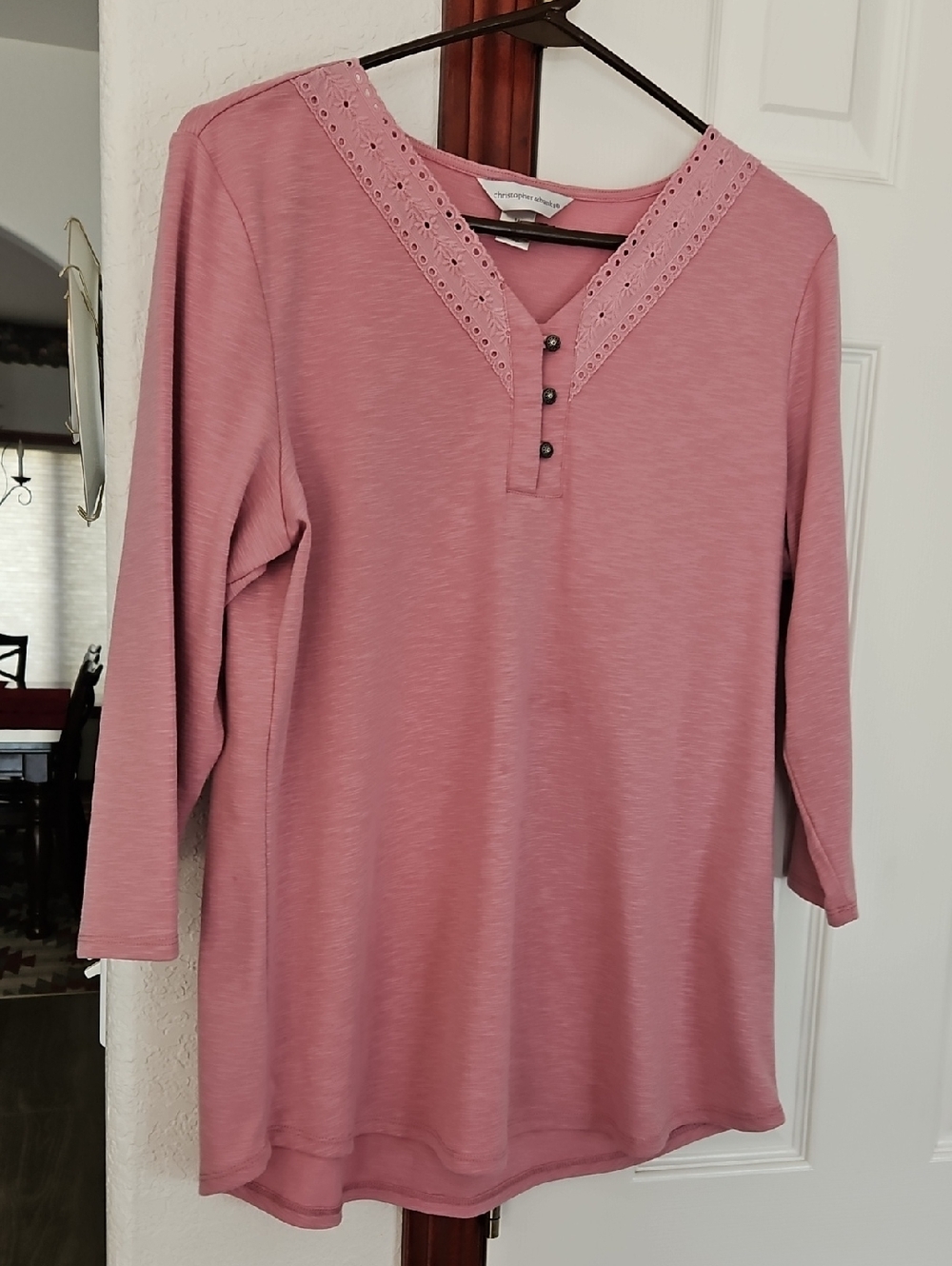 Christopher & Banks Rose Pink Eyelet V-Neck Henley Top